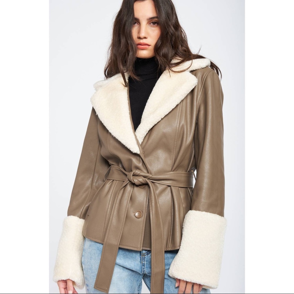 PRICE DROP Belted Faux Shearling Trimmed Taupe Leather Jacket - Picture 2 of 10